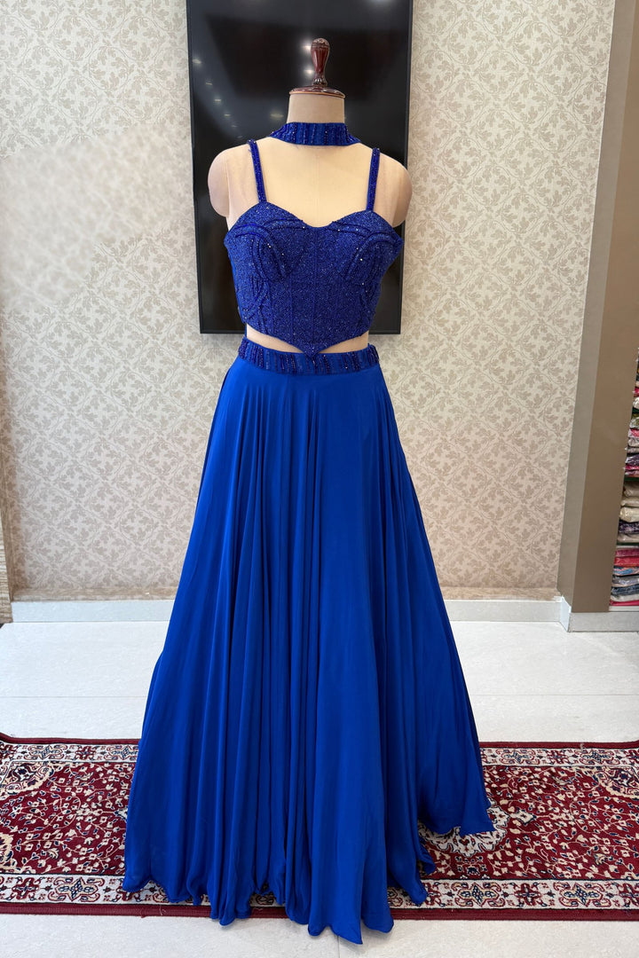 Royal Blue Beads and Sequins work Crop Top Lehenga