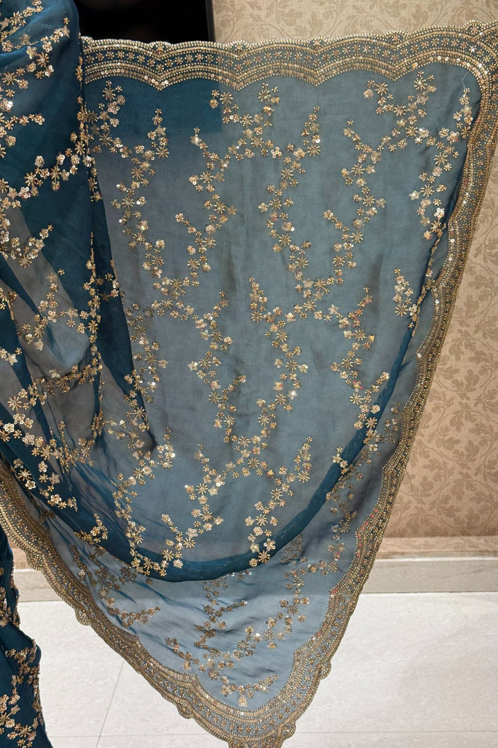 Teal Blue Beads, Zari and Sequins work Saree