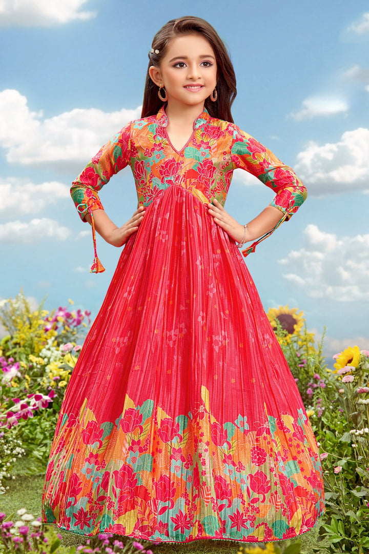 Pink Digital Print and Beads work Long Party Gown for Girls