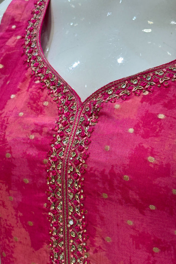 Rani Pink Zardozi, Mirror, Stone, Zari and Banaras Butta work Straight Cut Salwar Suit