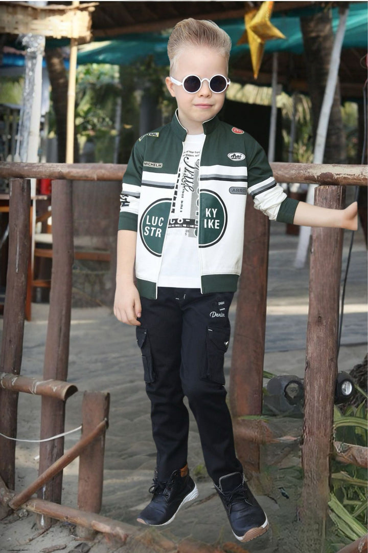Green with White Printed Blazer, T-Shirt and Black Pant Set for Boys with Belt