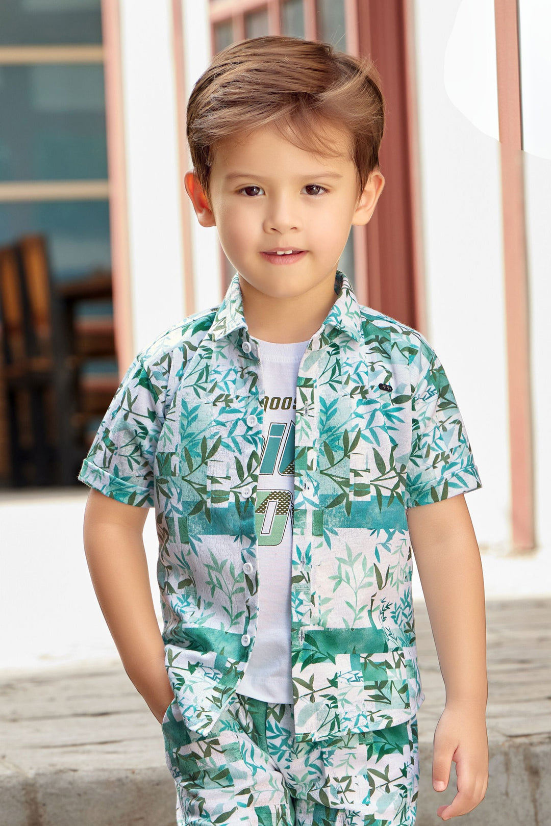 Cream with Green Printed Co-Ord Set for Boys