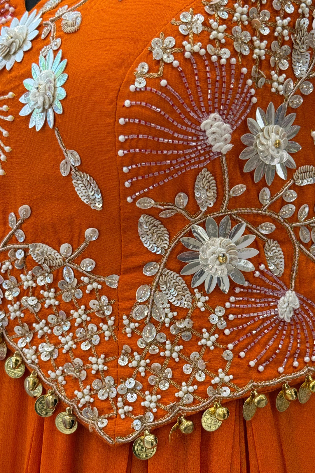 Orange Beads and Zari work Halter Neck Floor Length Anarkali Suit