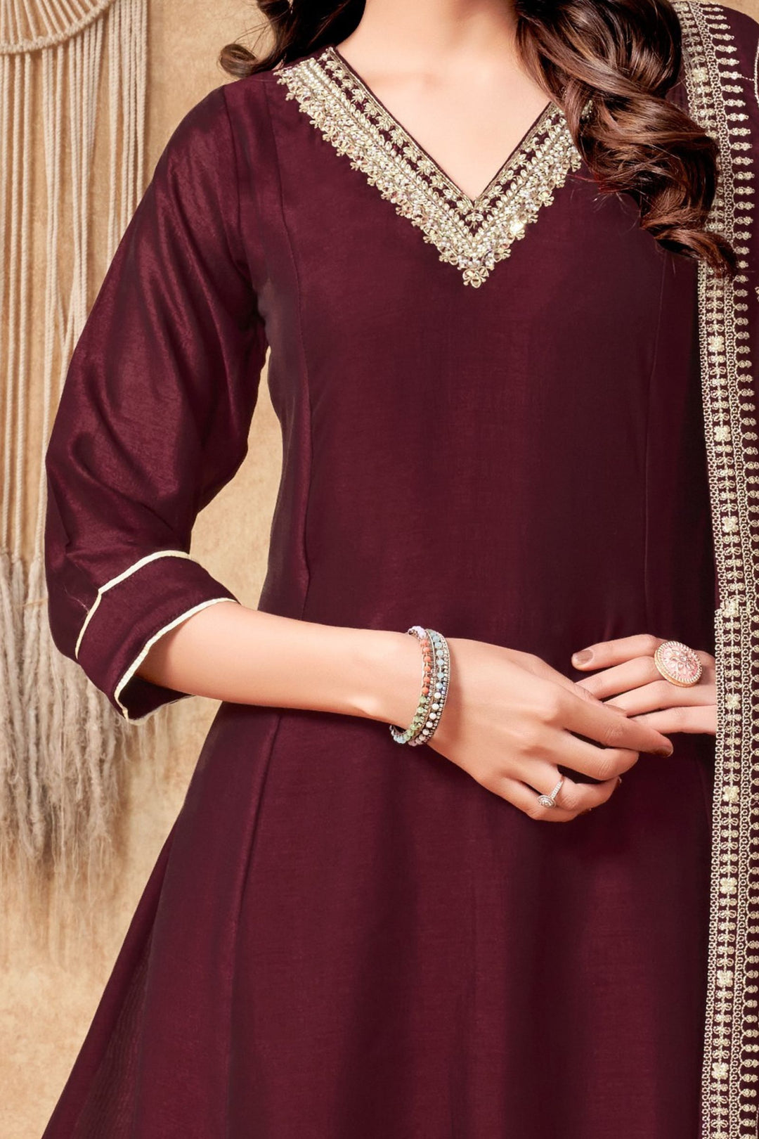 Maroon Beads, Pearl, Zardozi, Stone, Zari and Sequins work Aline Cut Salwar Suit