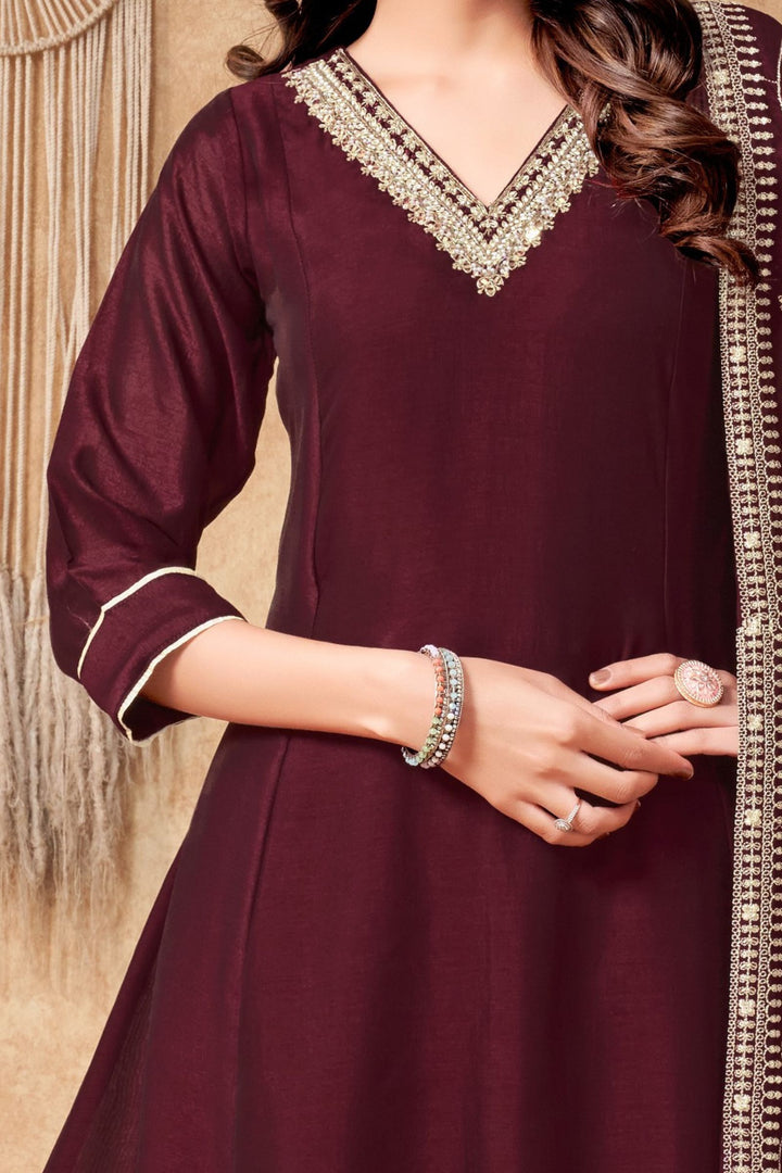 Maroon Beads, Pearl, Zardozi, Stone, Zari and Sequins work Aline Cut Salwar Suit
