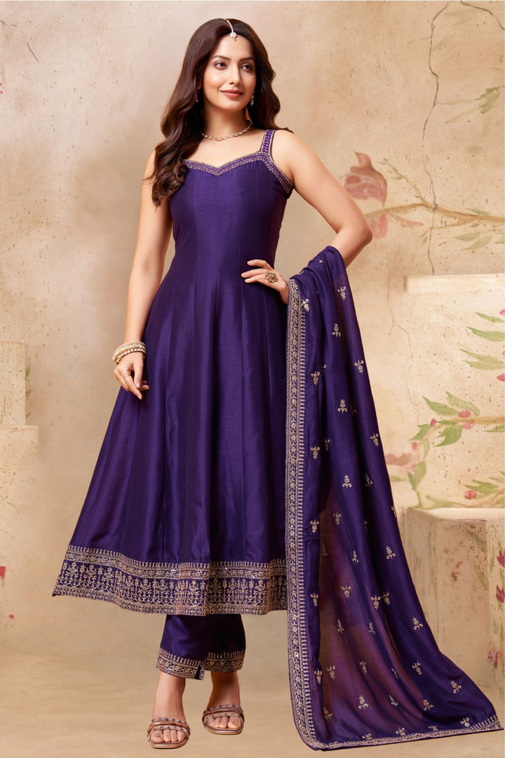 Purple Stone, Thread, Zari and Zardozi work Anarkali Style Salwar