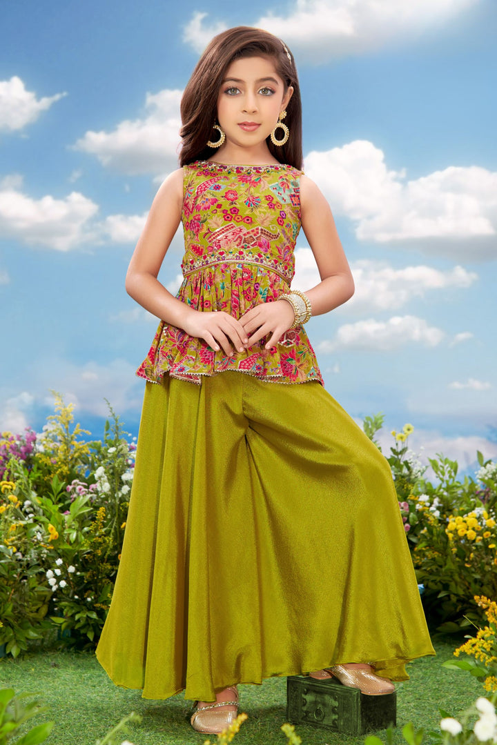 Mehendi Green Zari work with Multicolor Digital Print Peplum Styled Palazzo Set For Girls