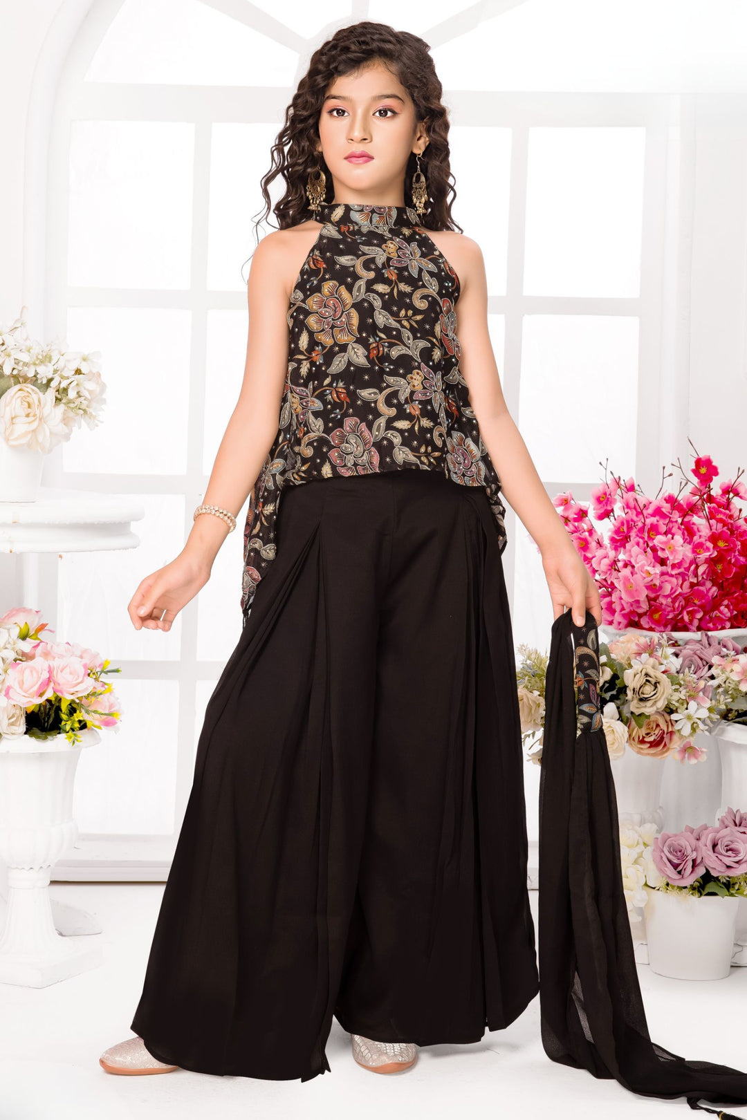 Black Multicolor Digital Print and Stone work Palazzo Set for Girls