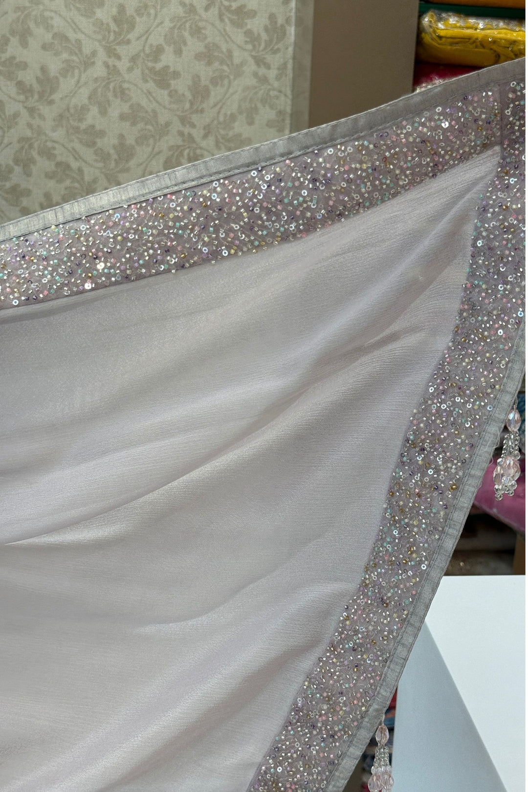 Light Grey Sequins and Beads work Saree