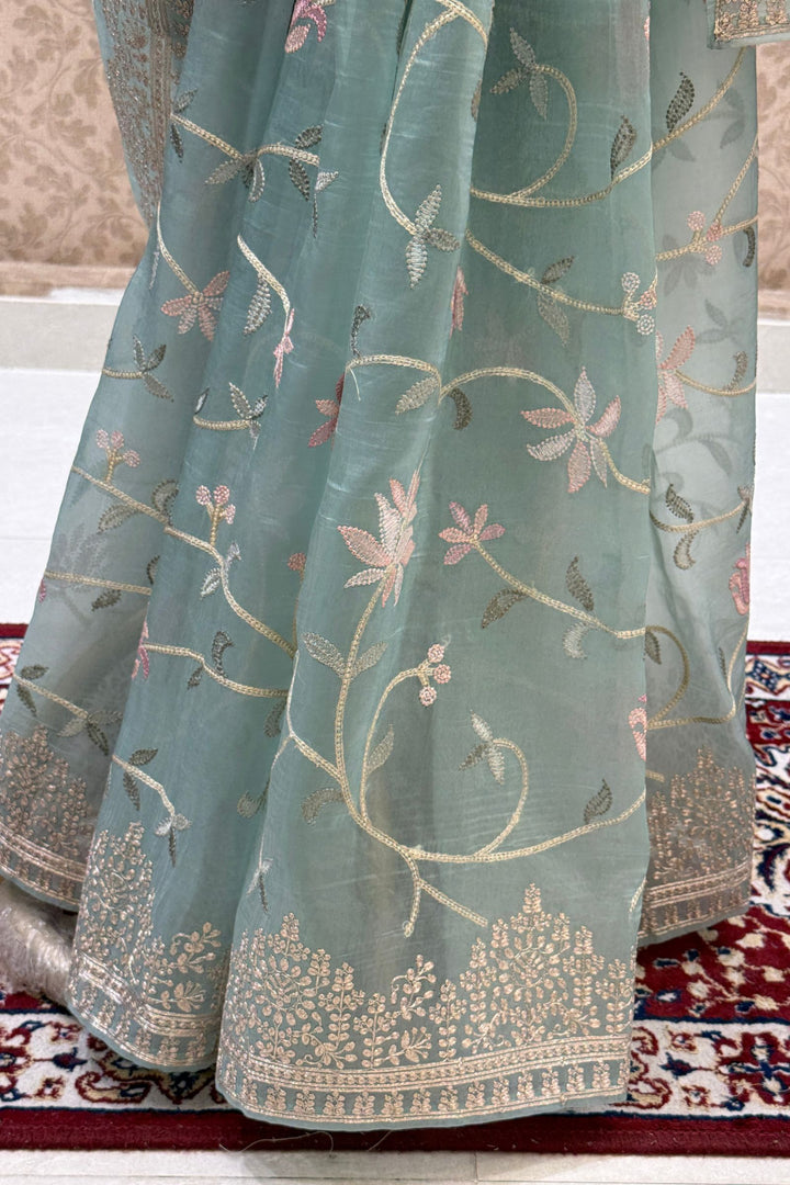 Sea Green Designer Saree with Silver Zari Border and Floral Embroidery