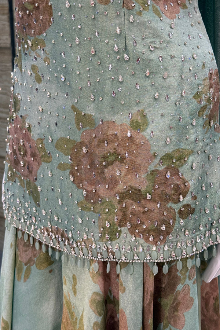 Sea Green Floral Print Top and Flared Palazzo Set with Kundan and Beads work