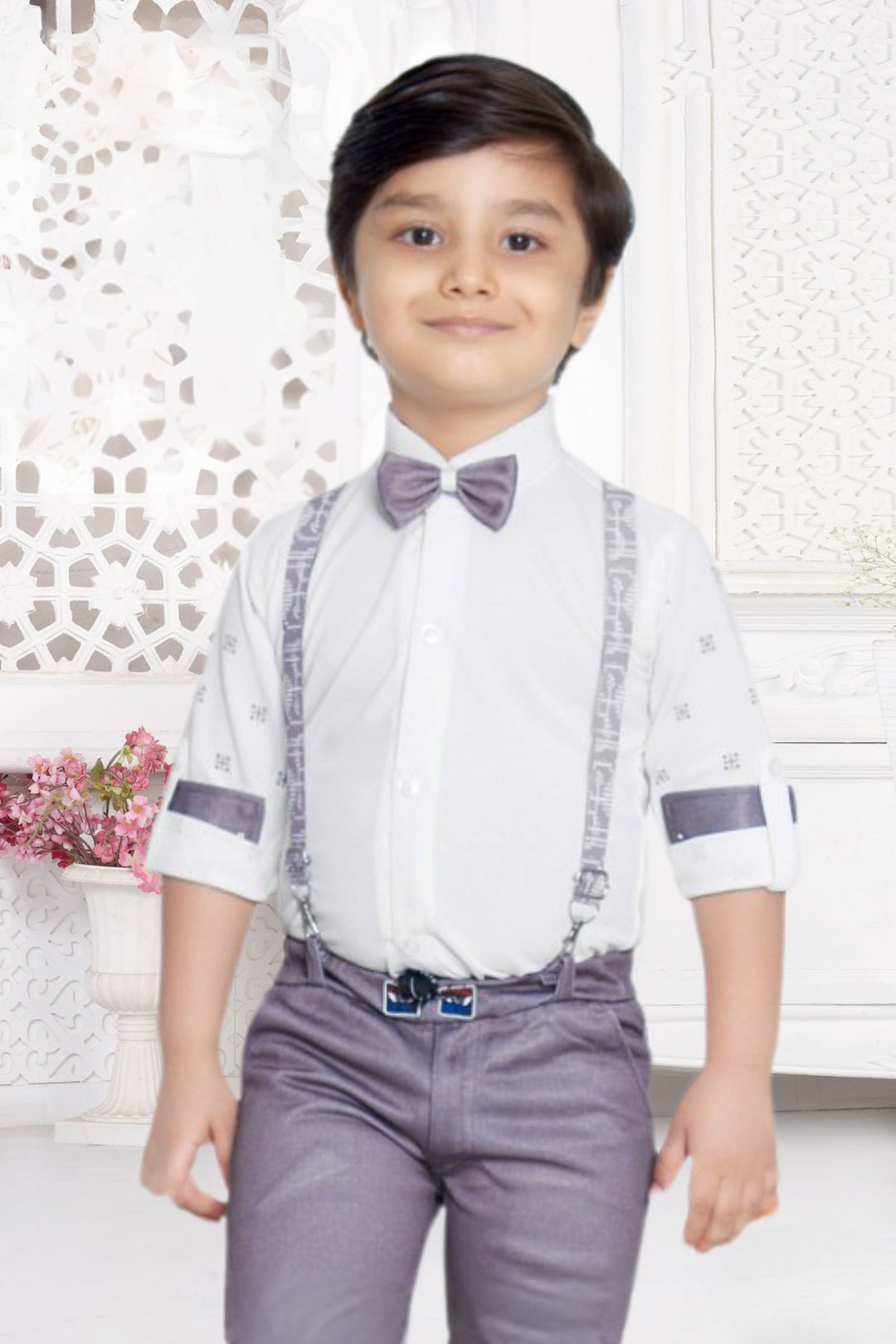 White with Light Purple Printed Waist Coat, Shirt and Suspender Style Pant Set for Boys