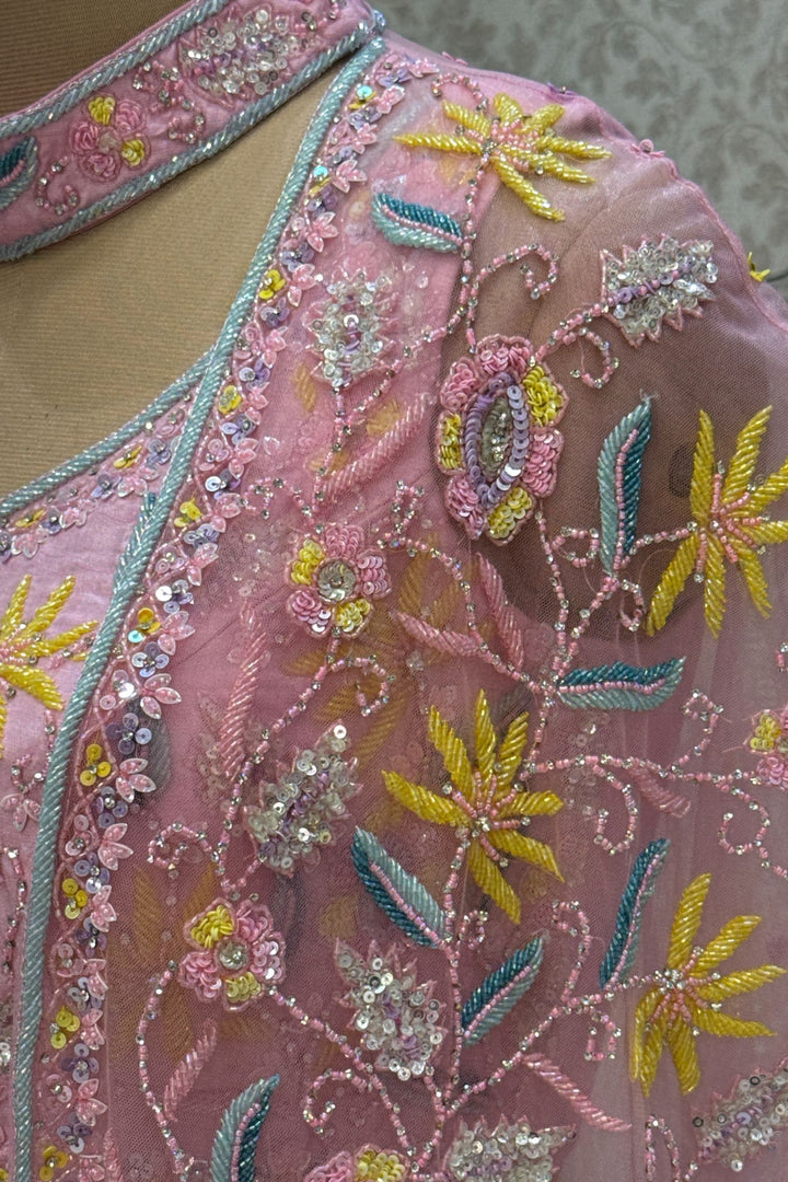 Light Pink Beads, Sequins and Stone work with Poncho Crop Top Lehenga