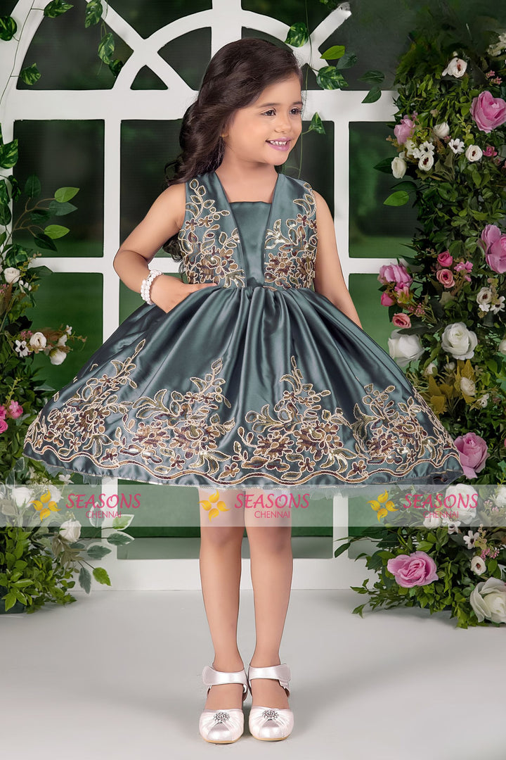Dark Grey Embroidery and Sequins work Short Partywear Frock for Girls