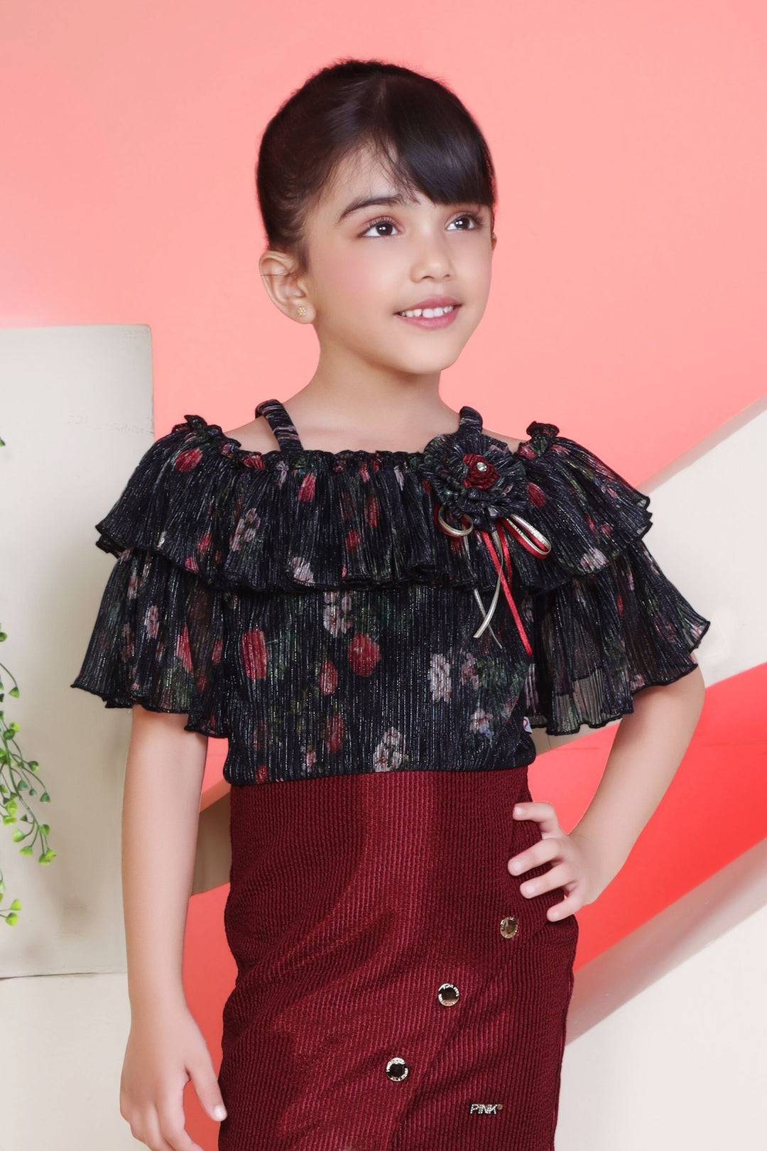 Black with Maroon Floral Pint and Zari work Knee Length Frock for Girls