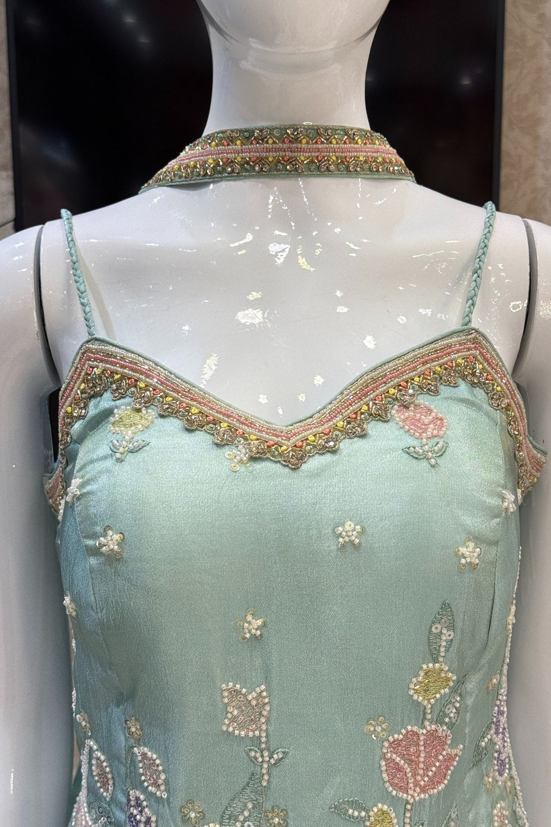 Sea Green Multicolor Thread, Stone, Zardozi, Sequins and Beads work Palazzo Salwar Suit