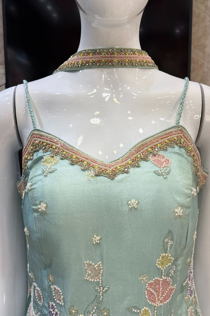 Sea Green Multicolor Thread, Stone, Zardozi, Sequins and Beads work Palazzo Salwar Suit