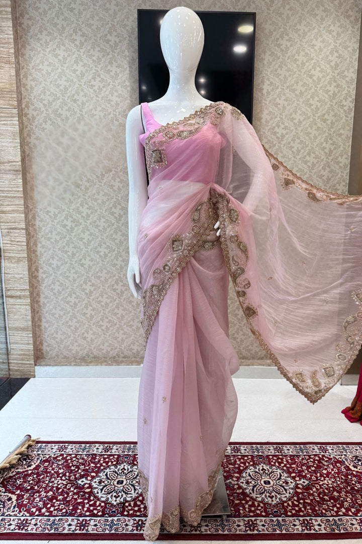 Pink Saree with Intricate Zari, Sequin and Beaded Embroidered Border