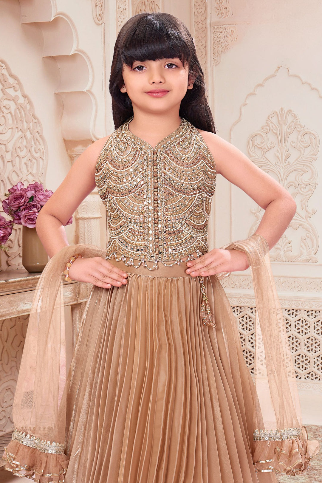 Fawn Mirror, Stone, Beads and Zari work Lehenga Choli for Girls