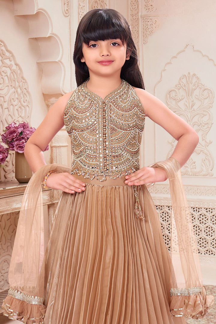 Fawn Mirror, Stone, Beads and Zari work Lehenga Choli for Girls