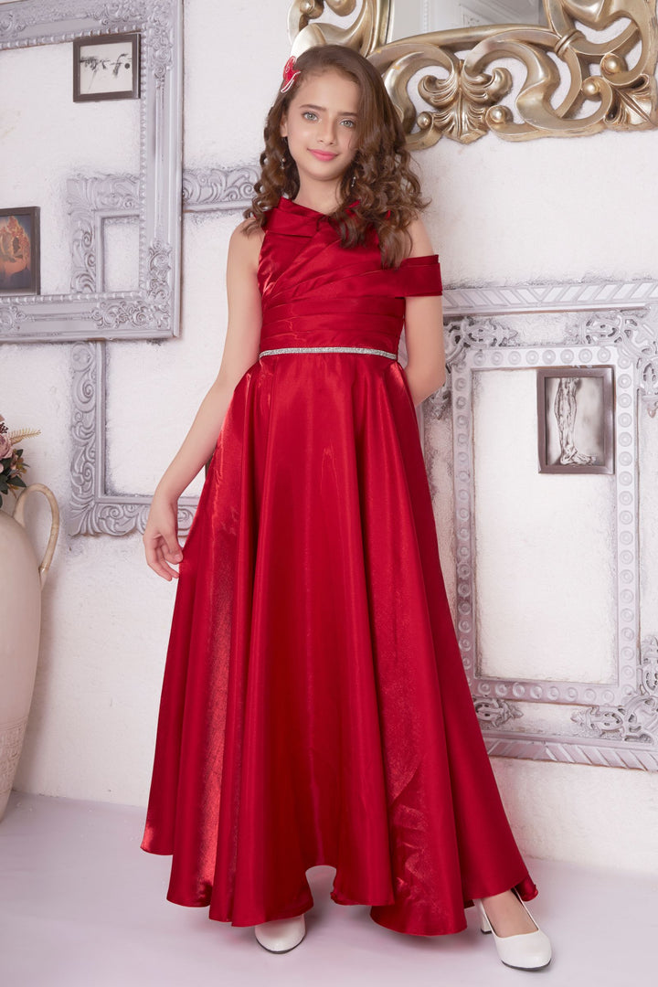 Red Stone work Long Party Gown for Girls