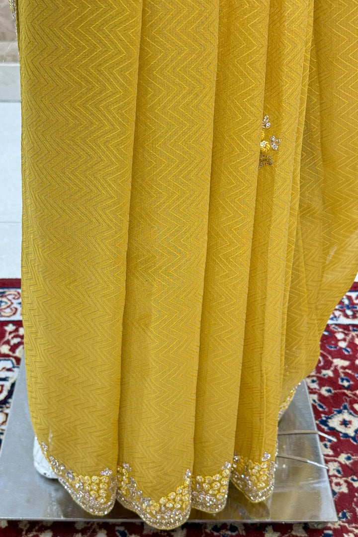 Yellow Beads, Stone, Zardozi, Sequins and Pearl work Saree
