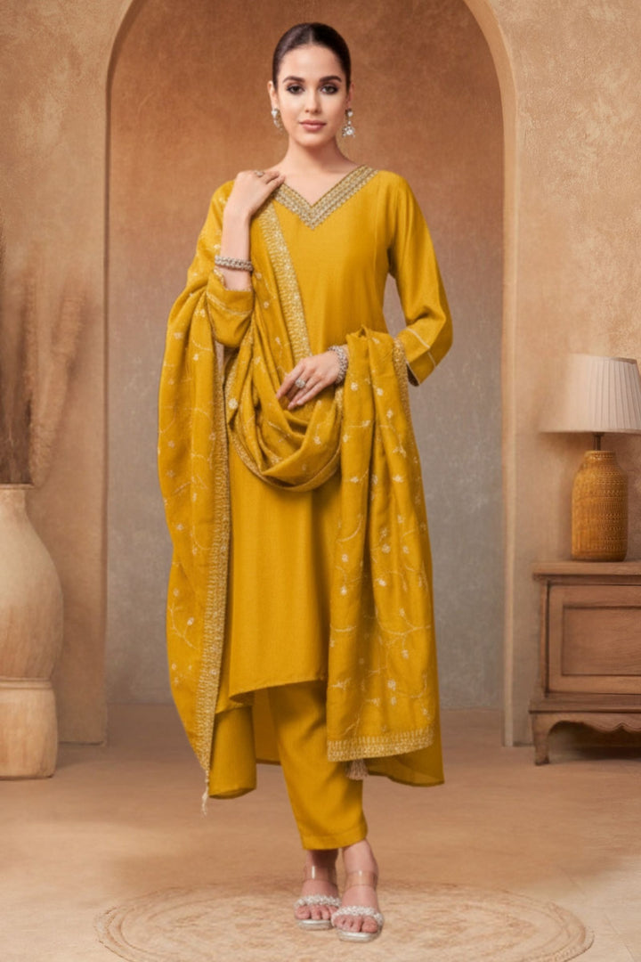 Mustard Beads, Pearl, Zardozi, Stone, Zari and Sequins work A-line Cut Salwar Suit