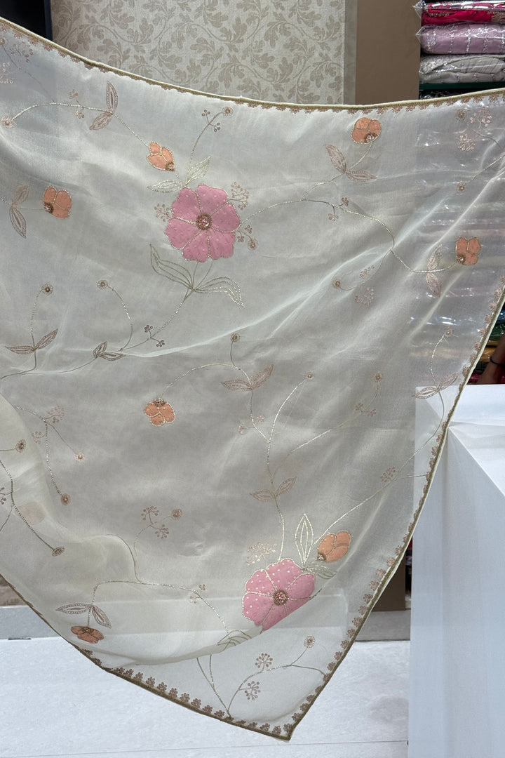 Elegant Cream Organza Saree with Pink Handcrafted Floral Applique