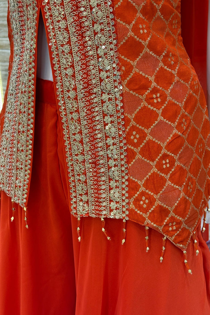 Orange Banaras Zari, Sequins and Zari Thread work Palazzo Suit Set