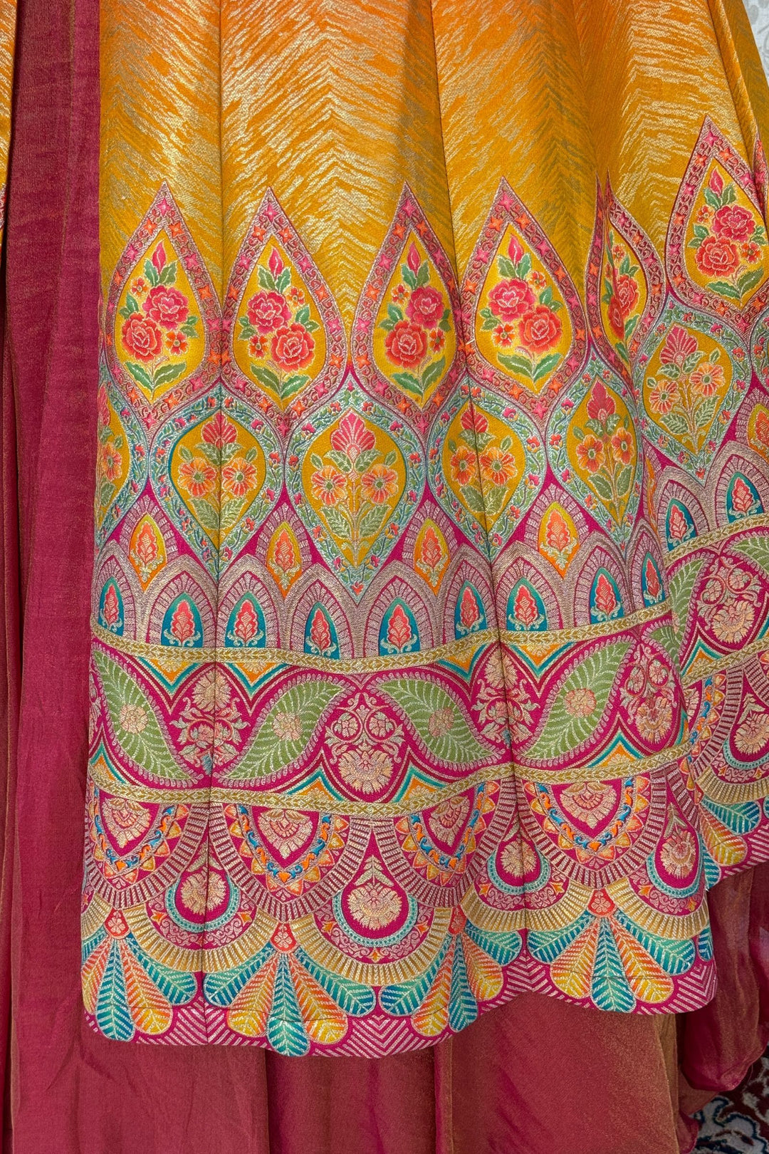 Pink with Mustard Banaras work Mastani Styled Long Top Lehenga