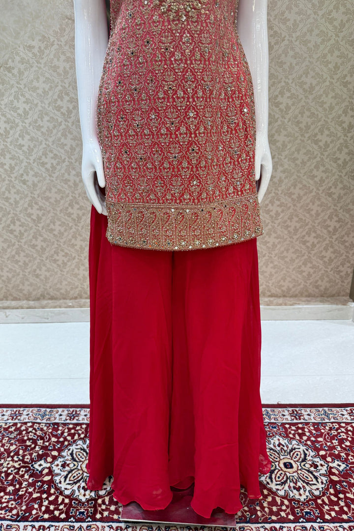 Peach with Pink Mirror, Zari, Sequins and Beads work Palazzo Salwar Suit