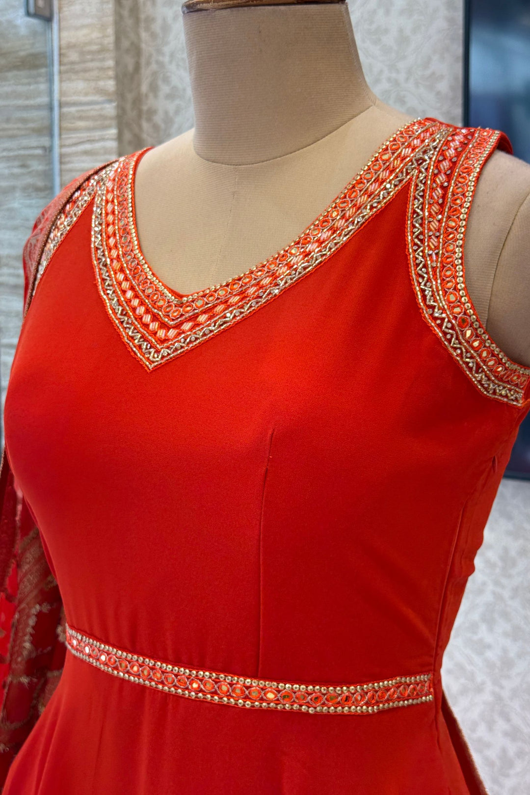Orange Beads and Sequins work Anarkali Gown with Traditional Banaras work Dupatta