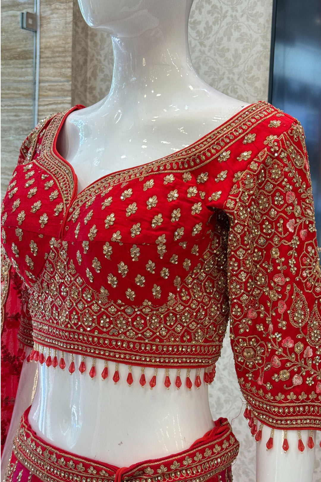 Red Zari, Stone and Embroidery work Crop Top Designer Bridal Multicolor Lehenga