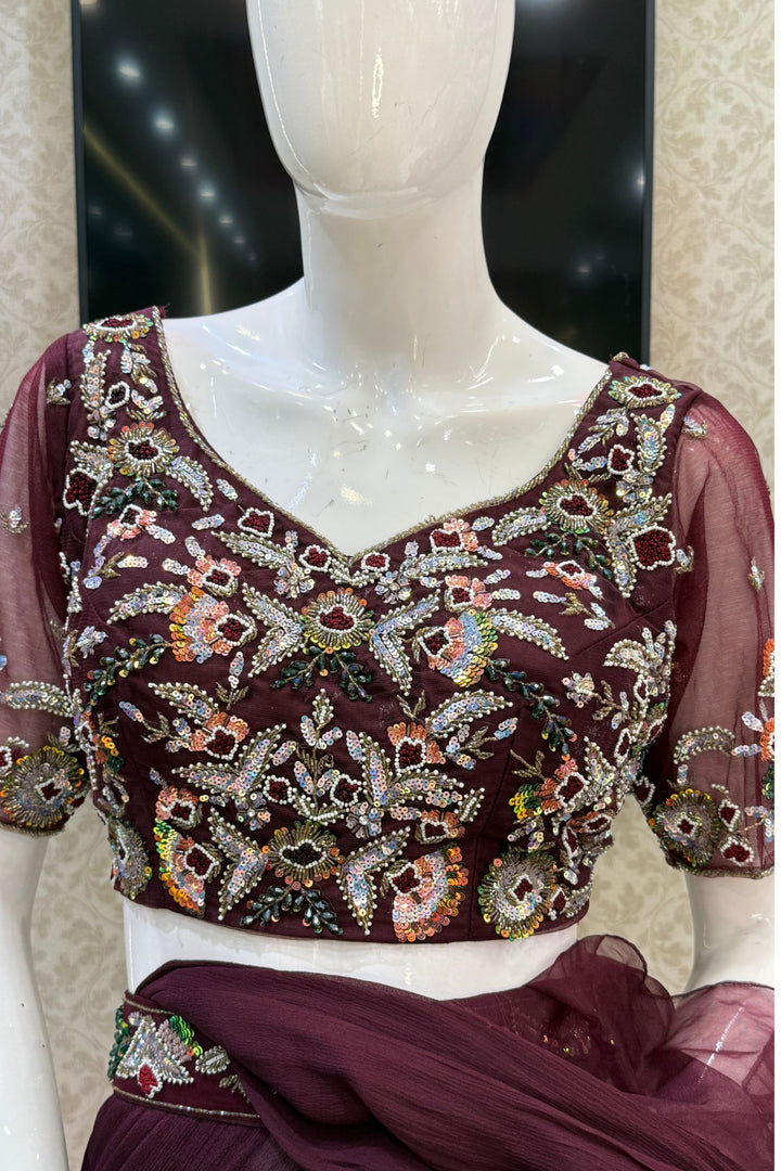 Wine Readymade Saree with Beads, Thread and Stone work Readymade Blouse