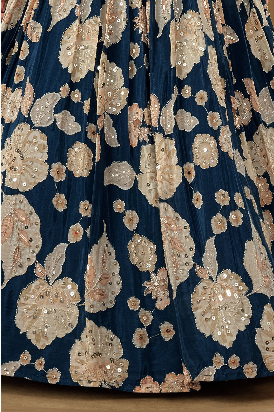 Navy Blue Sequins and Zari work with Floral Print Long Party Gown for Girls