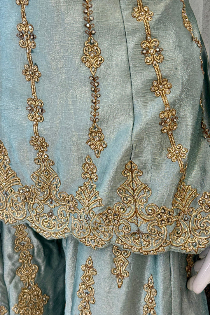 Sea Blue Palazzo Salwar Suit with Stone, Zari and Embroidery Detailing