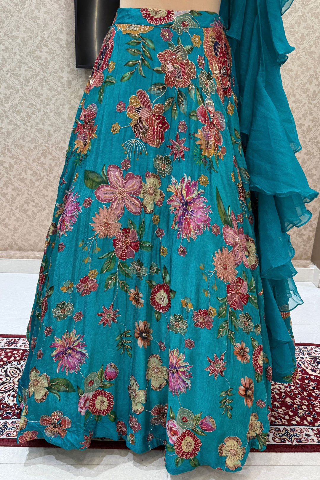 Rama Green Beads, Zardozi, Sequins, Stone and Zari work with Floral Print Lehenga Set