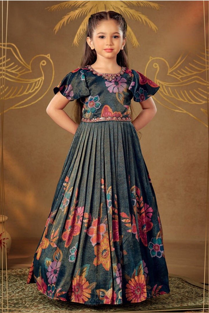 Peacock Blue Mirror, Stone, Sequins and Beads work with Floral Print Long Party Gown for Girls