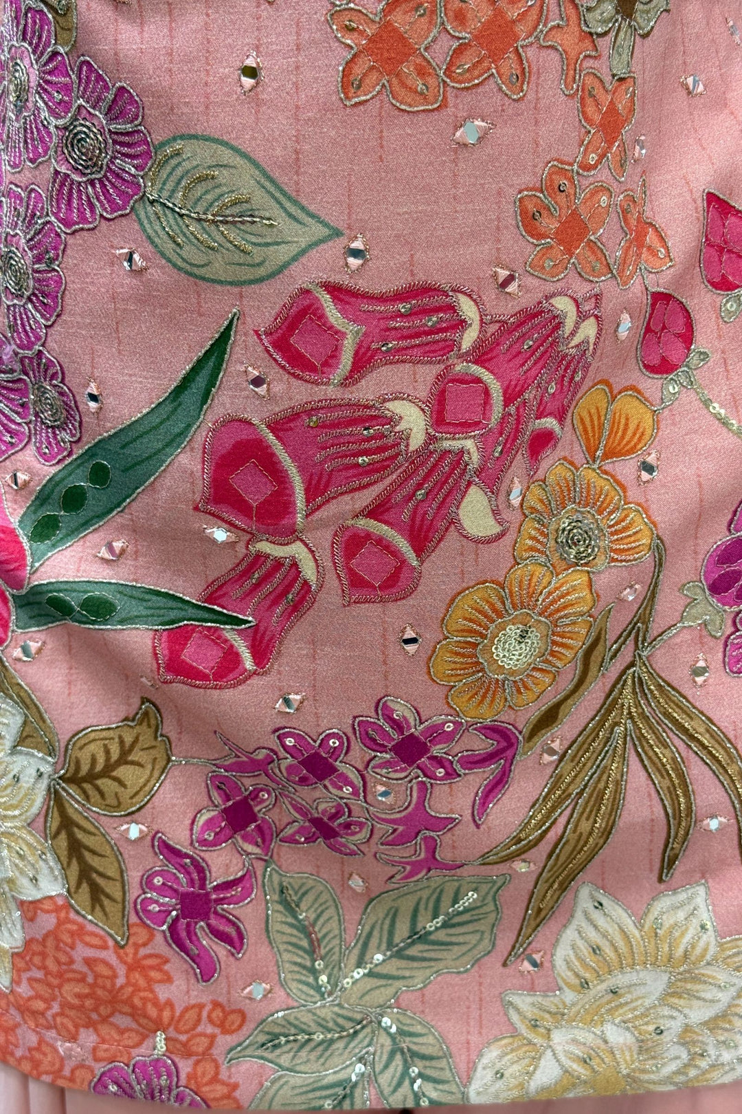 Peach Mirror, Sequins, Zari and Beads work with Floral Print Palazzo Salwar Suit