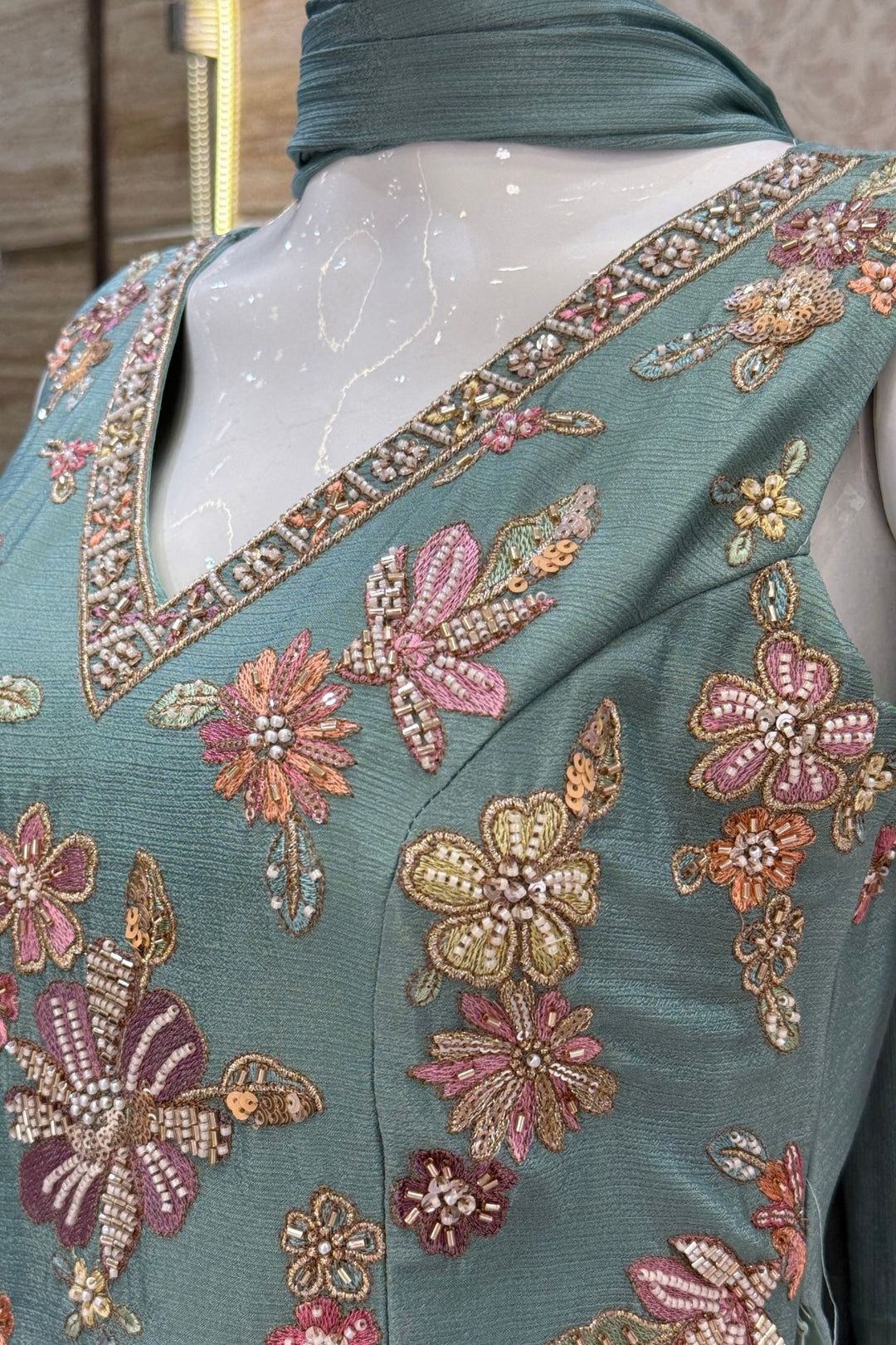 Sea Green Palazzo Set Featuring All-Over Multicolor Embroidery, Beads, Sequins and Zari