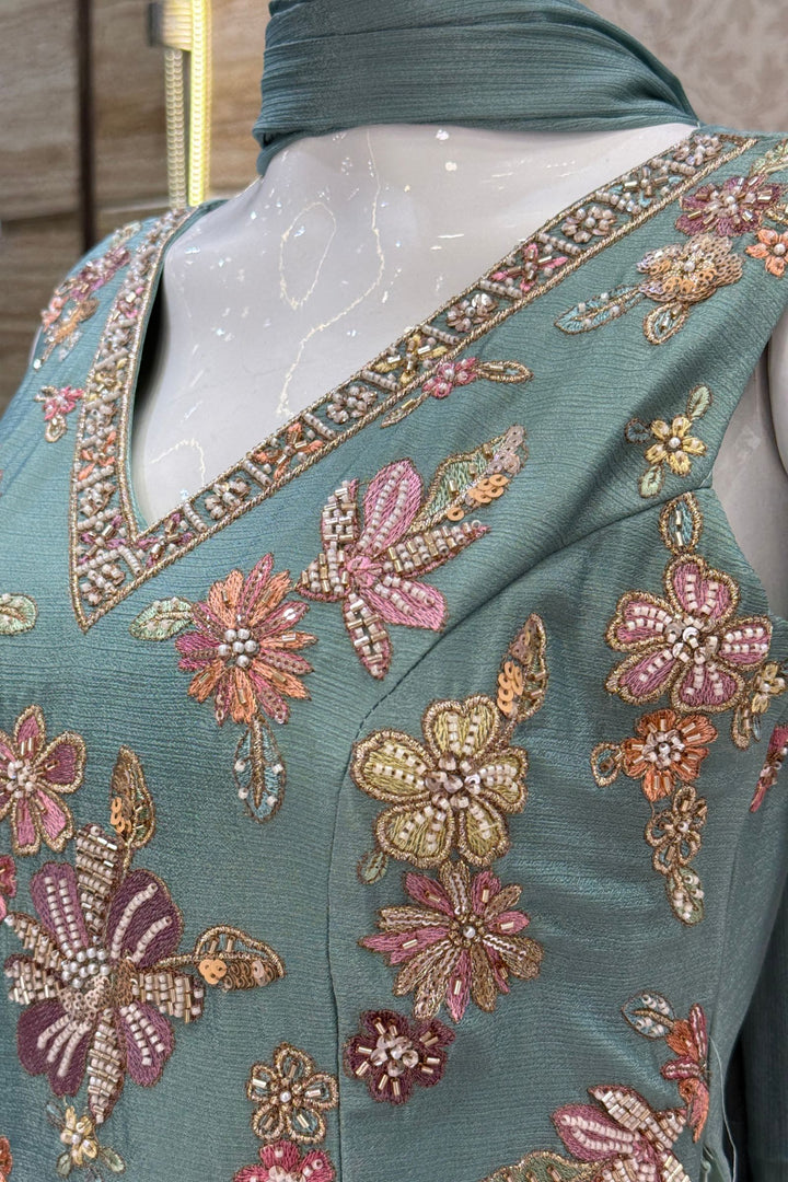 Sea Green Palazzo Set Featuring All-Over Multicolor Embroidery, Beads, Sequins and Zari