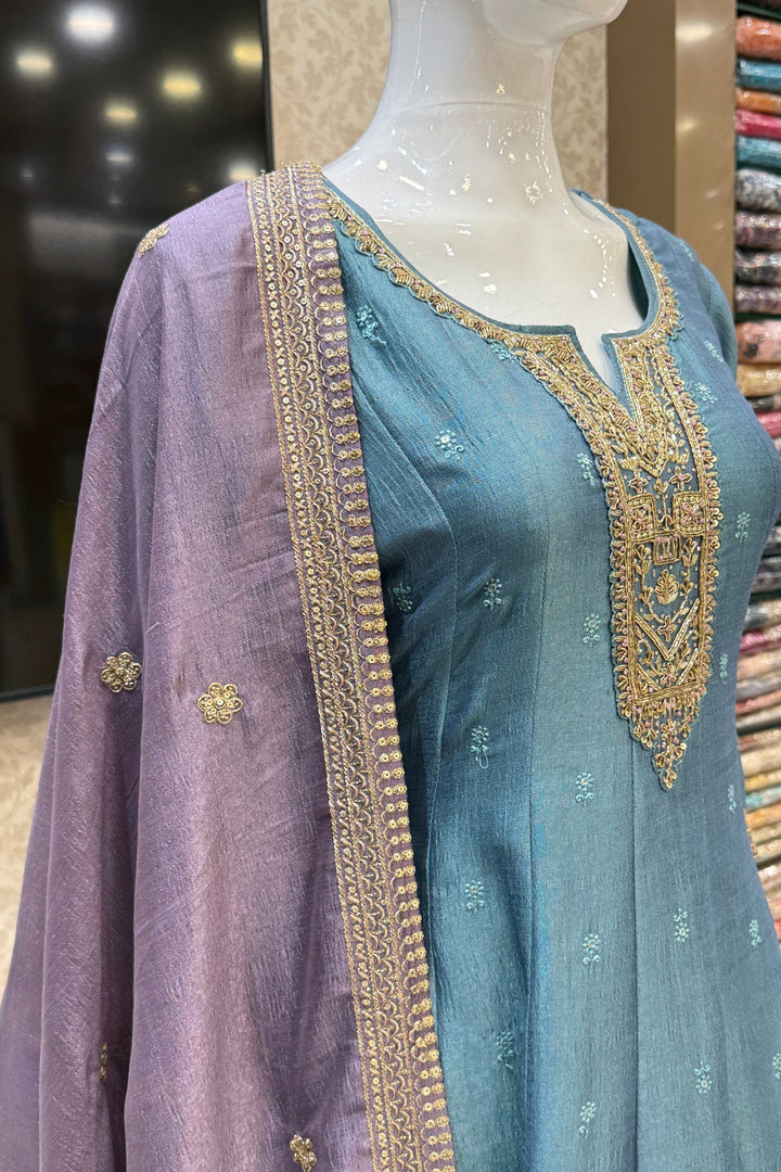 Greenish Blue Beads, Zardozi, Thread, Sequins, Stone and Zari work A-line Cut Salwar Suit