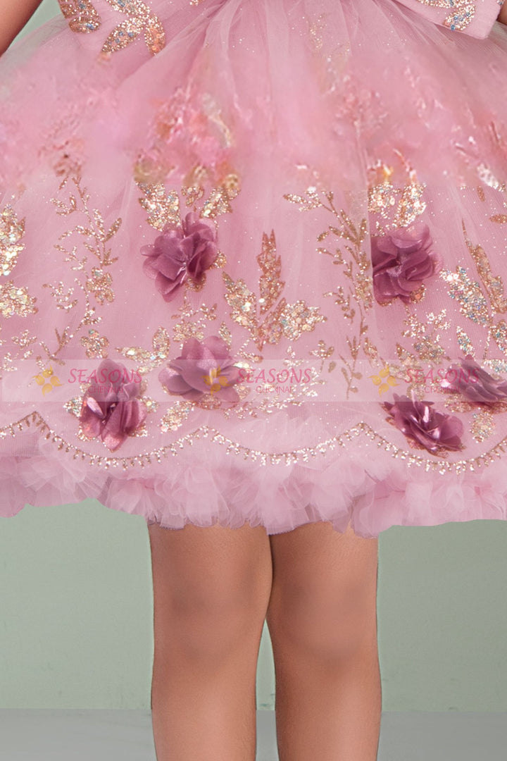 Baby Pink Sequins, Beads and Glitter work Short Partywear Frock for Girls
