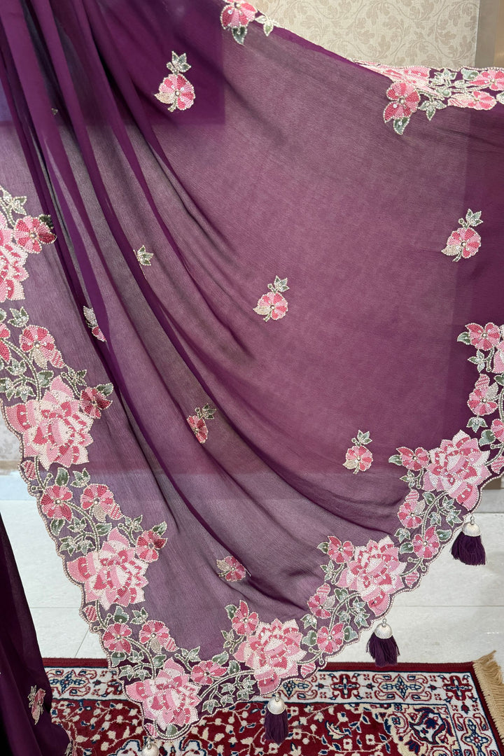 Wine Saree with Exquisite Floral Thread, Sequin and Bead Embellishments