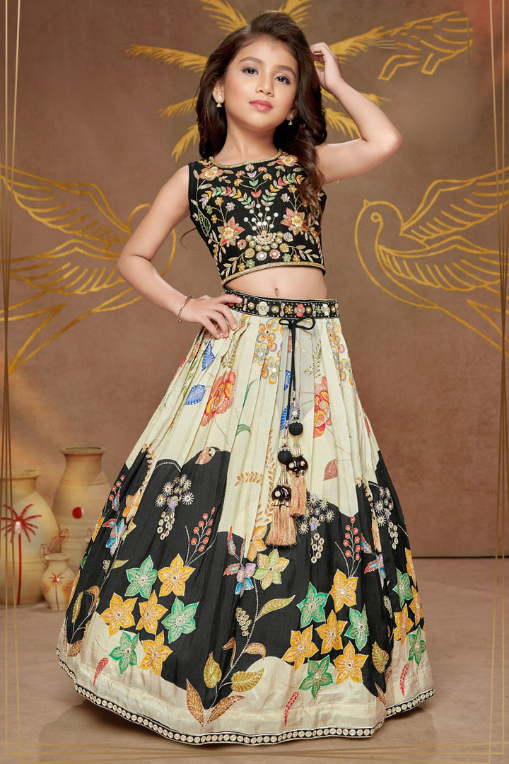 Black with Beige Floral Print, Multicolor Thread and Sequins work Lehenga Choli for Girls