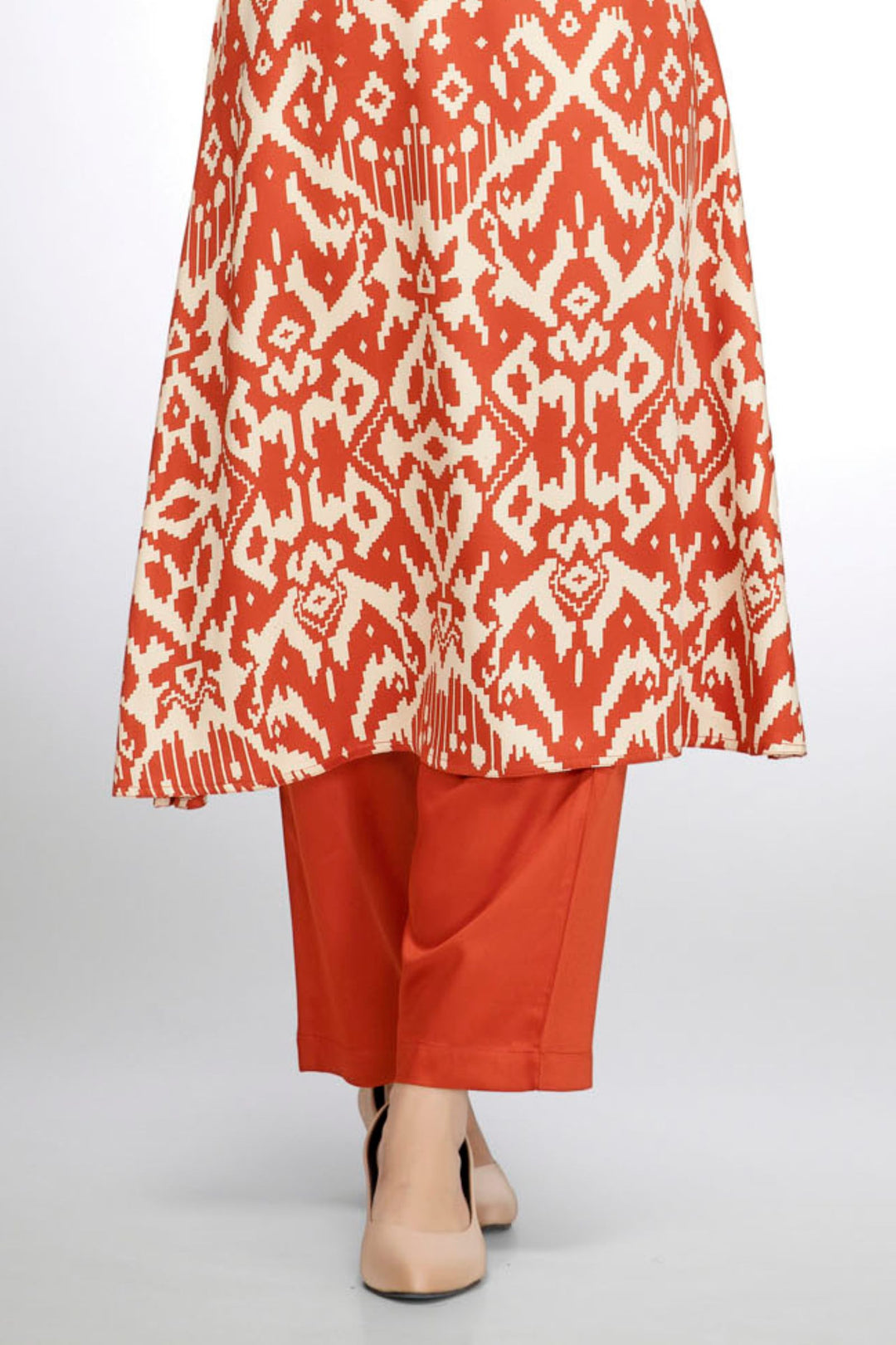 Rust Orange and Ivory Ikat Print A-Line Kurta Set
