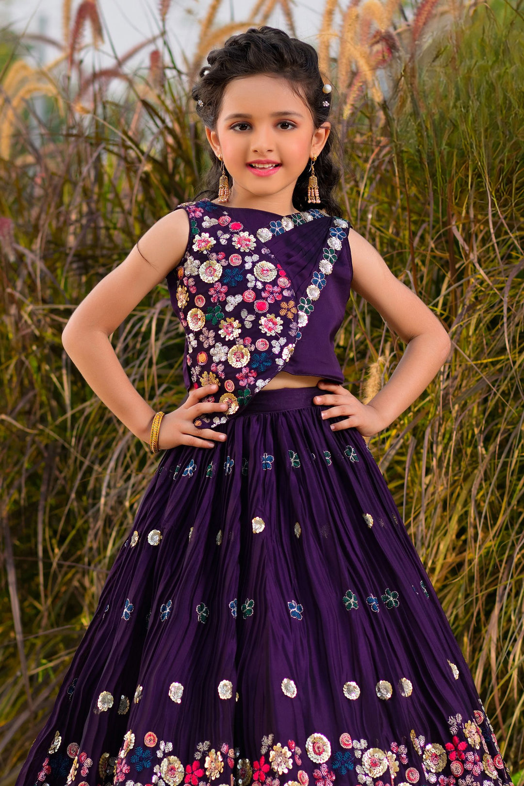 Purple Sequins and Thread work Lehenga Choli for Girls