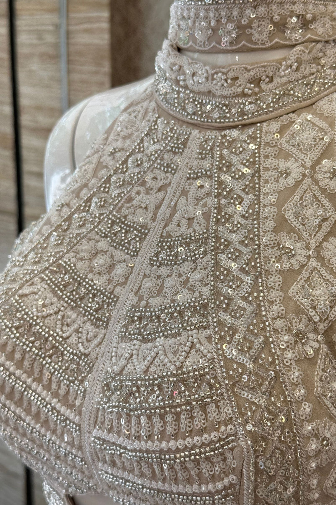 Beige Beads, Sequins and Thread work Halter Neck Palazzo Set