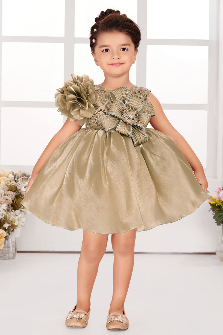 Gold Stone and Sequins work Short Partywear Frock for Girls