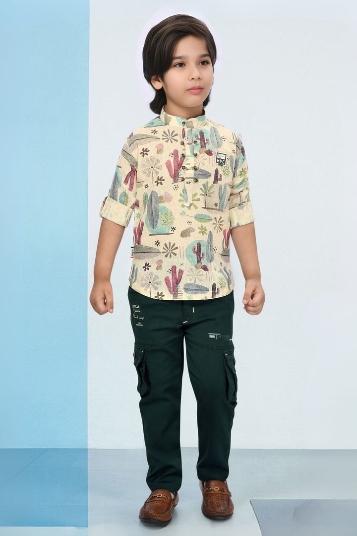Cream with Multicolor Digital Print Casual wear Shirt and Green Pant Set for Boys